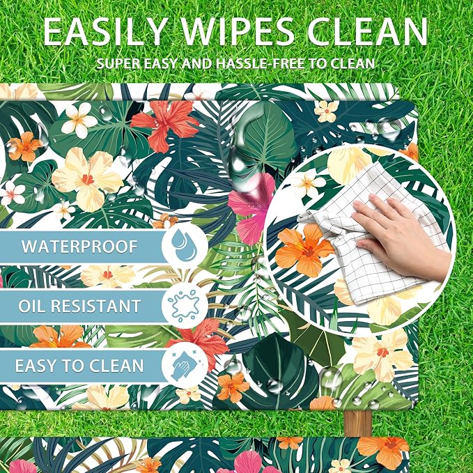 Picnic Table Cover with Bench Covers Camping Essentials Tropical Palm Leaves Outdoor Table Covers with Elastic Waterproof Fitted Tablecloth for RV Picnic Travel
