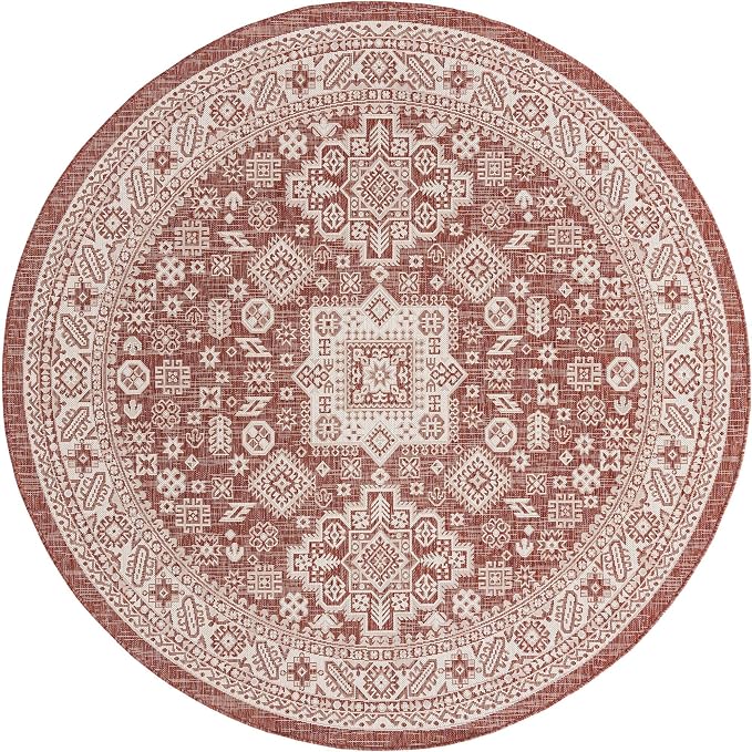 Unique Loom Outdoor Aztec Collection Area Rug - Chalca (7' 10" Round, Rust Red/ Ivory)