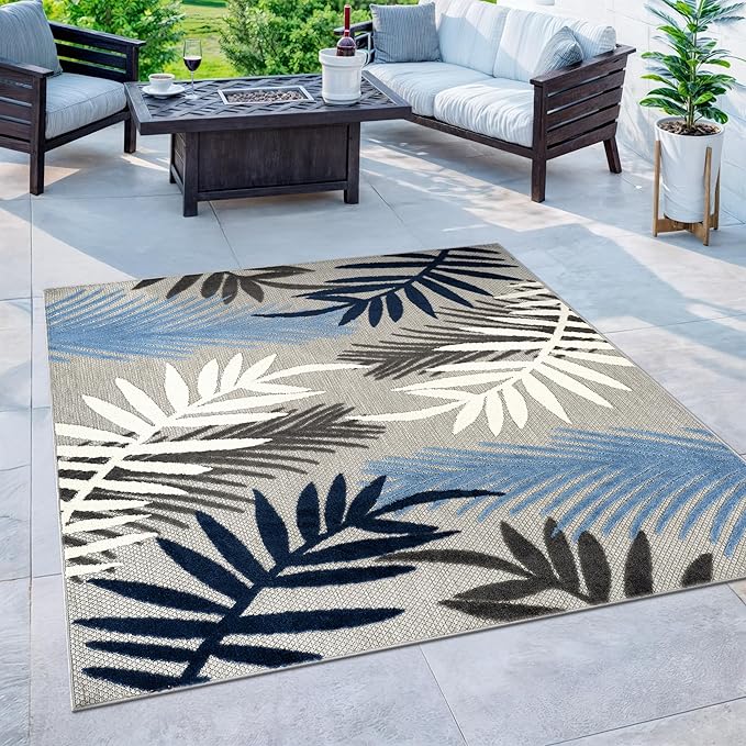 Rugshop Blue Palm Frond Indoor/Outdoor Square Area Rug Easy Cleaning for Patio, Dining Nook and Balcony, 6'6" x 6'6" Square