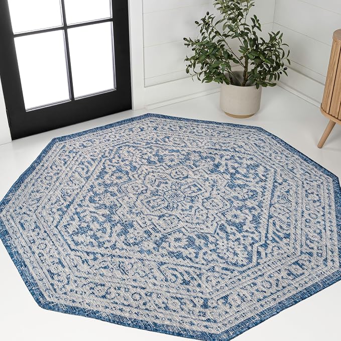 JONATHAN Y Medallion Weave Indoor Outdoor Octagon Area Rug 8 Ft Navy/Gray, Sinjuri Textured for Backyard, Patio, Porch, Easy-Cleaning, High Traffic, Pet-Friendly, Non-Shedding (SMB101B-8TGN)