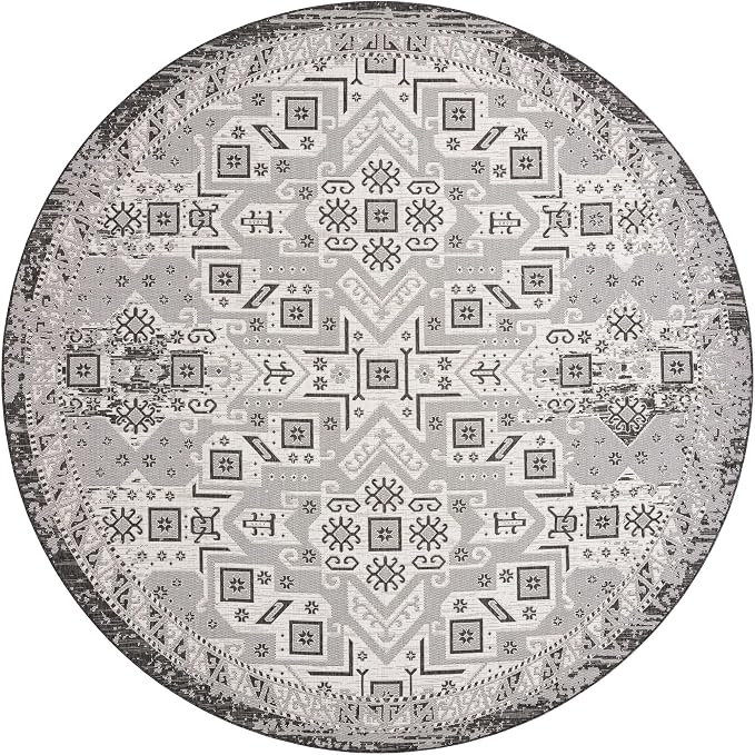 Unique Loom Outdoor Aztec Collection Area Rug - Coba (12' Round Charcoal Gray/Ivory)