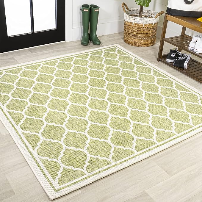 JONATHAN Y Moroccan Trellis Indoor Outdoor Square Area Rug 5X5 Green/Cream, Trebol Textured Weave for Backyard, Patio, Porch, Easy-Cleaning, High Traffic, Pet-Friendly, Non-Shedding (SMB109G-5SQ)