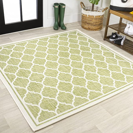 JONATHAN Y Moroccan Trellis Indoor Outdoor Square Area Rug 5X5 Green/Cream, Trebol Textured Weave for Backyard, Patio, Porch, Easy-Cleaning, High Traffic, Pet-Friendly, Non-Shedding (SMB109G-5SQ)