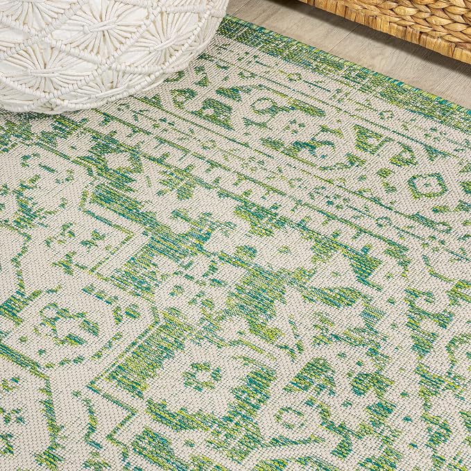 JONATHAN Y Medallion Weave Indoor Outdoor Square Area Rug 5X5 Cream/Green, Sinjuri Textured for Backyard, Patio, Porch, Easy-Cleaning, High Traffic, Pet-Friendly, Non-Shedding (SMB101H-5SQ)