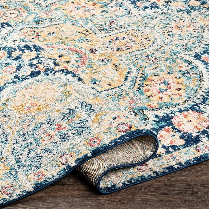Livabliss Area Rugs - 8x10 Romaine Vintage Boho Navy Sky Blue Rose Area Rug for Living Room Bedroom - Floral Medallion Stain Resistant Carpet for Kitchen, Nursery, Office (7'10" x 10'3")