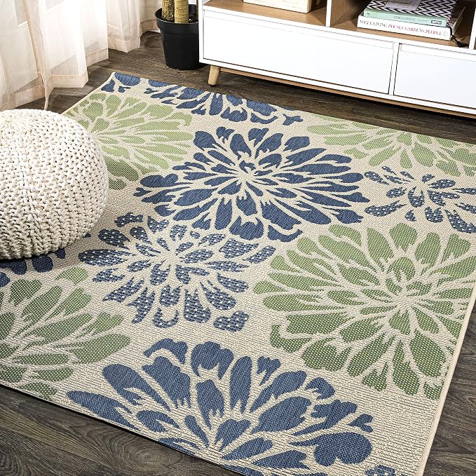 JONATHAN Y Floral Textured Weave Indoor Outdoor Square Area Rug 6X6 Navy/Green, Zinnia Modern for Backyard, Patio, Porch, Easy-Cleaning, High Traffic, Pet-Friendly, Non-Shedding (SMB110B-6SQ)