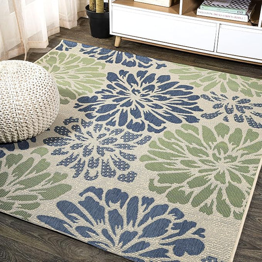 JONATHAN Y Floral Textured Weave Indoor Outdoor Square Area Rug 5X5 Navy/Green, Zinnia Modern for Backyard, Patio, Porch, Easy-Cleaning, High Traffic, Pet-Friendly, Non-Shedding (SMB110B-5SQ)
