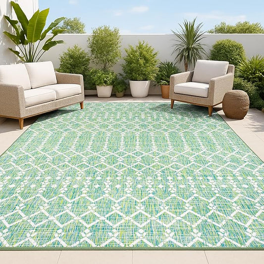 JONATHAN Y Moroccan Geometric Indoor Outdoor Area Rug 4X6 Green/Cream, Ourika Textured Weave for Backyard, Patio, Porch, Easy-Cleaning, High Traffic, Pet-Friendly, Non-Shedding (SMB108L-4)