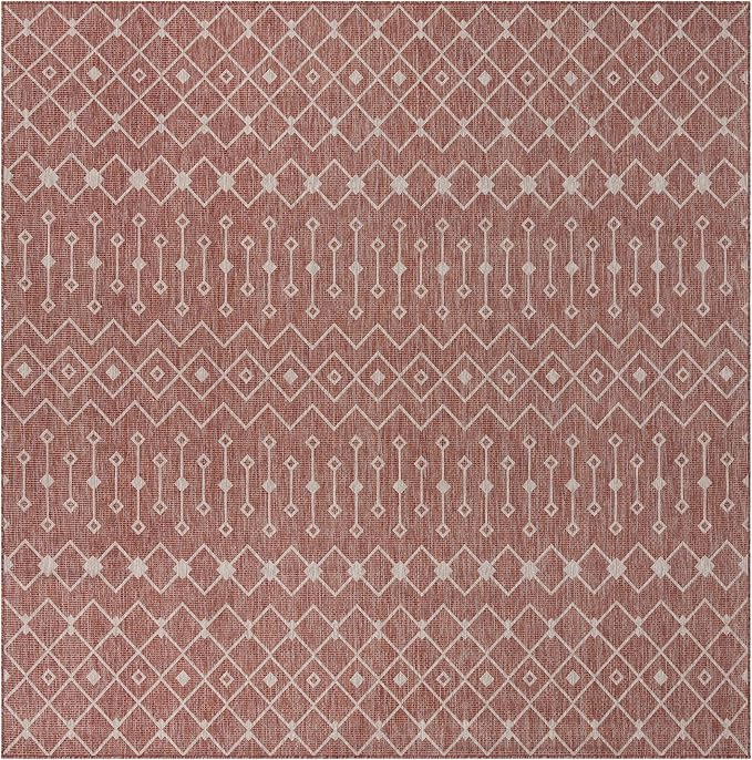 Unique Loom Outdoor Trellis Collection Area Rug - Tribal Trellis (10' 8" Square, Rust Red/ Ivory)