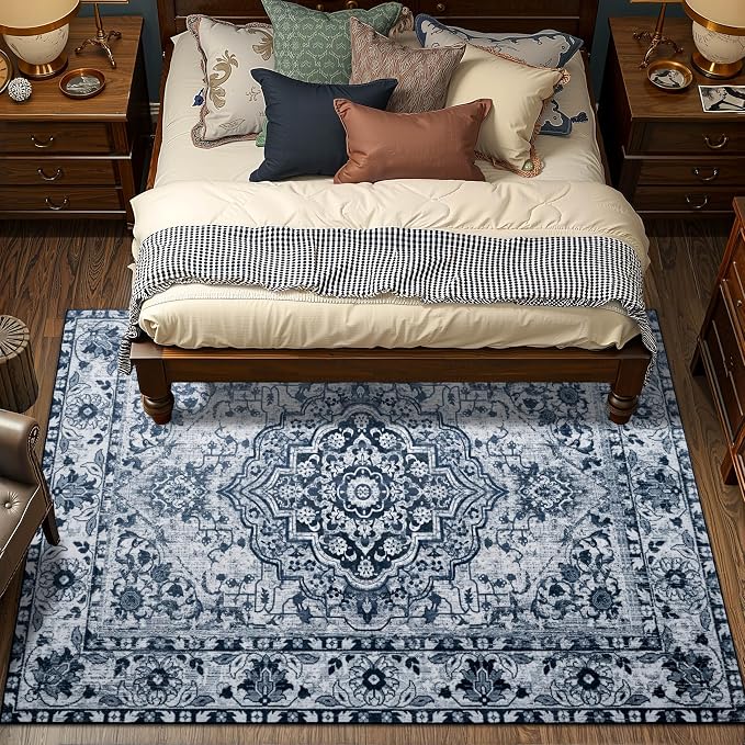 YJ.GWL Area Rugs for Living Room 5x7 Machine Washable Rugs, Non Slip Floral Vintage Rug Indoor Carpet, Stain Resistant Large Rug for Bedroom Dining Room, Navy Blue
