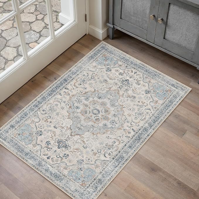 Blue Area Rug 2x3 Entryway Vintage Floral Non-Slip Door Mat | Machine Washable, Soft, Low Pile, Distressed, for Kitchen, Hallway, Bathroom, Retro Neutral Decor