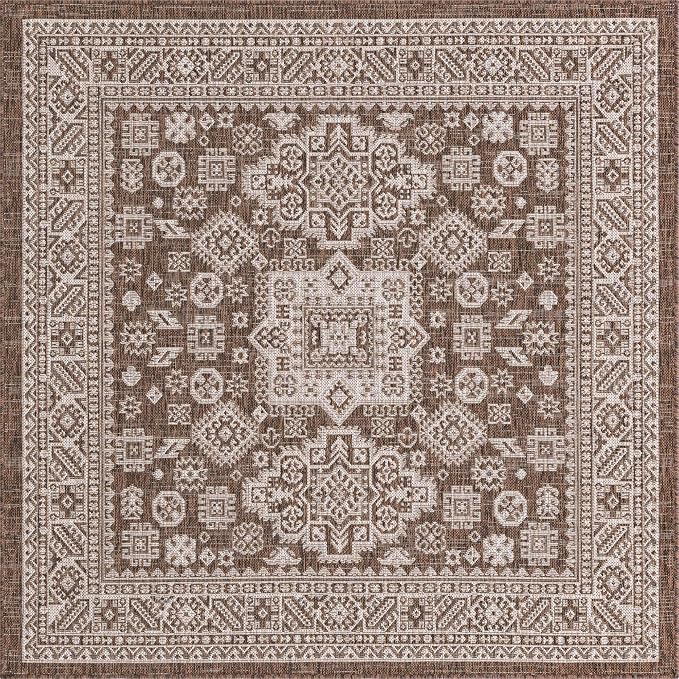 Unique Loom Outdoor Aztec Collection Area Rug - Chalca (5' 3" Square, Brown/ Ivory)