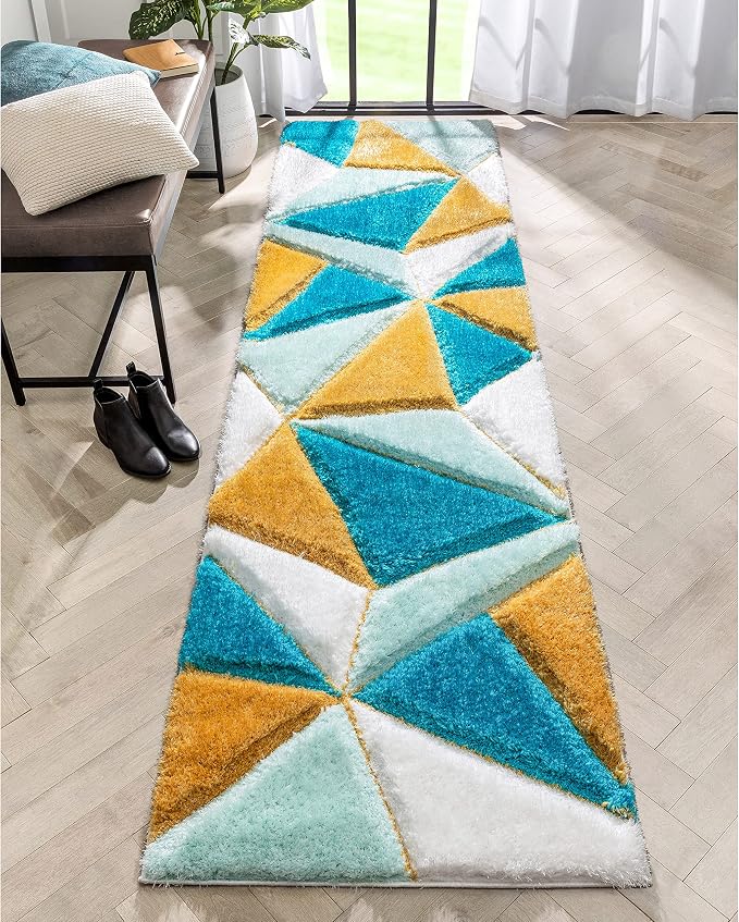Well Woven Walker Blue Triangle Boxes Thick Soft Plush 3D Textured Shag (2'7" x 9'10") Runner