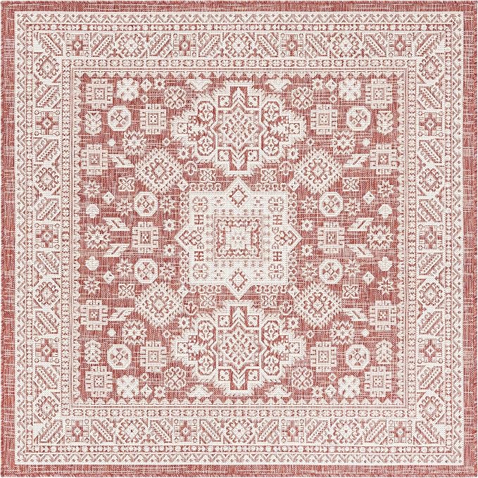 Unique Loom Outdoor Aztec Collection Area Rug - Chalca (5' 3" Square, Rust Red/ Ivory)