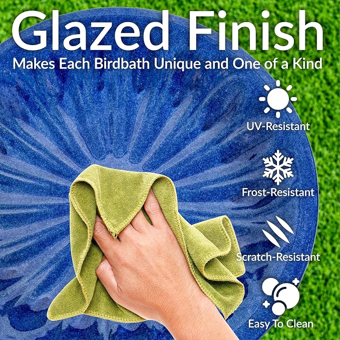 Sunnydaze Blue Ceramic Bird Bath for Outside - 21.5" H Garden Bird Bath - Daisy Embossed Bowl - UV-/Frost-Resistant Glaze Finish