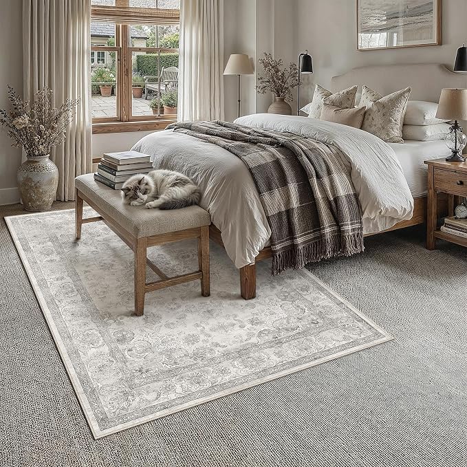 Gray 6x9 Washable Area Rug Living Room Vintage Distressed Carpet | Soft Low Pile, Non Slip, Stain Resistant, Traditional Retro Decor for Bedroom, Dining Room, Office, Kids Room