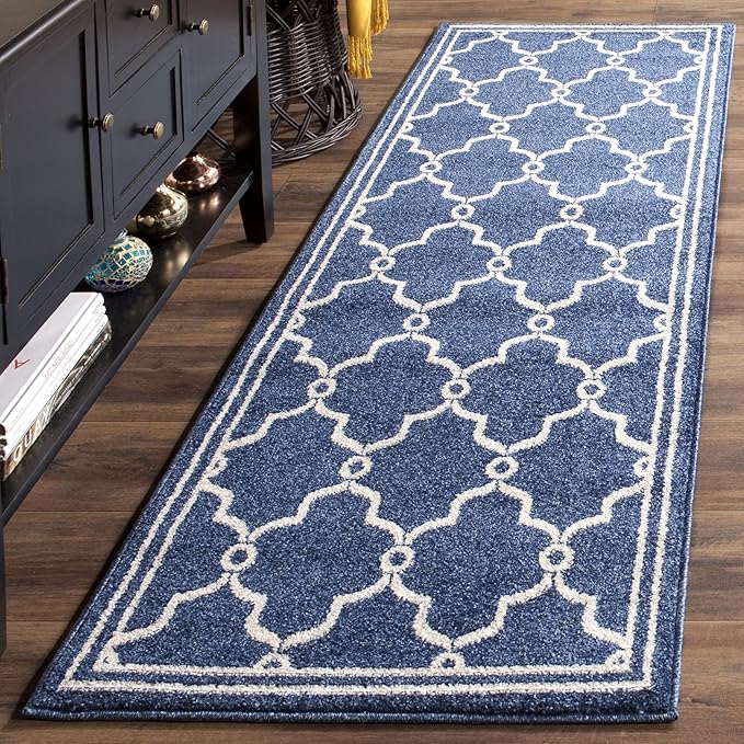 SAFAVIEH Amherst Collection Runner Rug - 2'3" x 11', Navy & Beige, Trellis Design, Non-Shedding & Easy Care, Ideal for High Traffic Areas in Living Room, Bedroom (AMT414P)