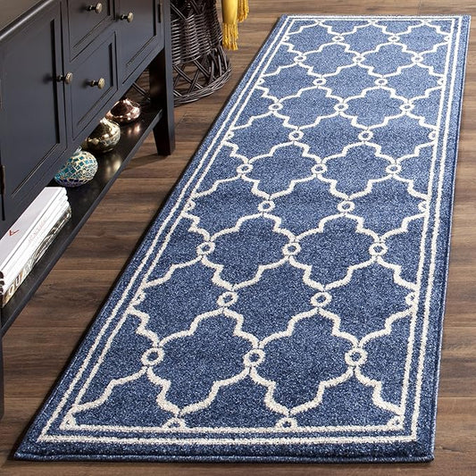 SAFAVIEH Amherst Collection Runner Rug - 2'3" x 11', Navy & Beige, Trellis Design, Non-Shedding & Easy Care, Ideal for High Traffic Areas in Living Room, Bedroom (AMT414P)