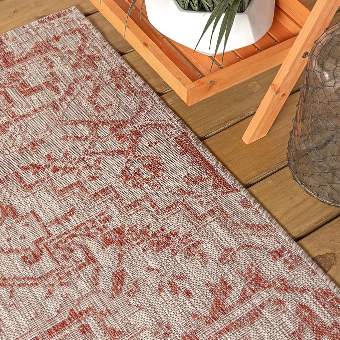 JONATHAN Y Boho Medallion Indoor Outdoor Round Area Rug 8 Ft Red/Taupe, Estrella Textured Weave for Backyard, Patio, Porch, Easy-Cleaning, High Traffic, Pet-Friendly, Non-Shedding (SMB105A-8R)