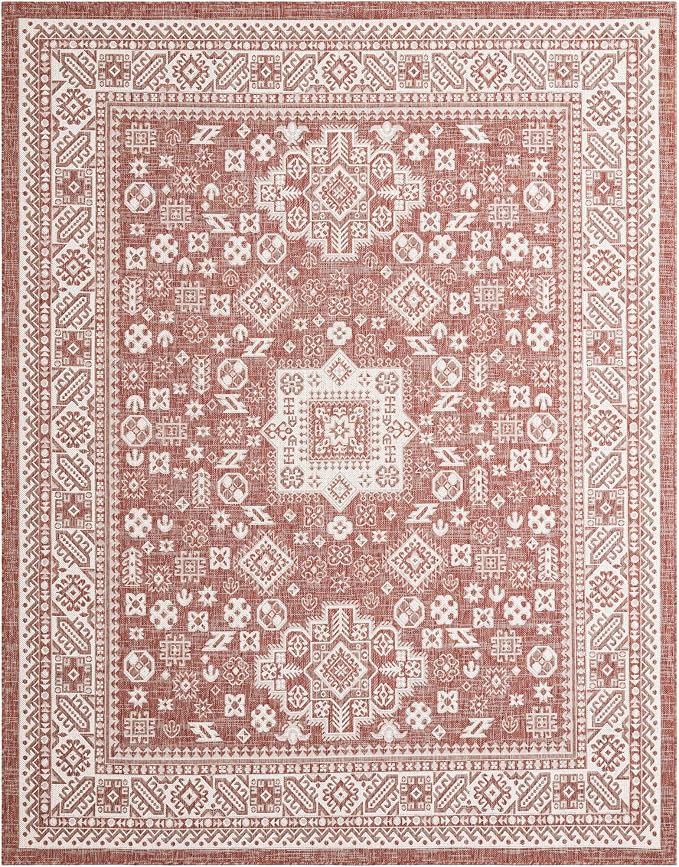 Unique Loom Outdoor Aztec Collection Area Rug - Chalca (7' 10" x 10' Rectangle Rust Red/Ivory)