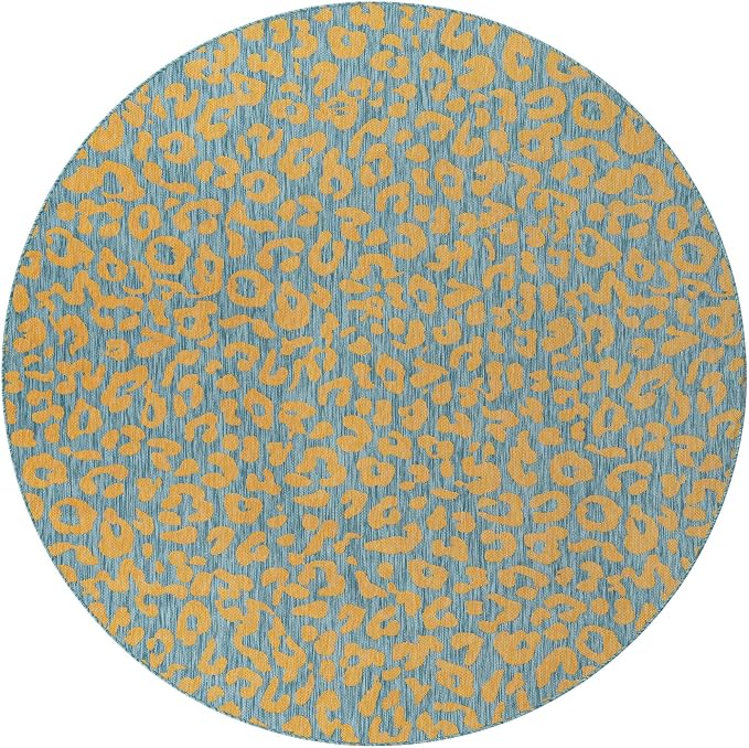 Unique Loom Outdoor Safari Collection Area Rug - Leopard (10' Round, Blue Yellow/ Blue)