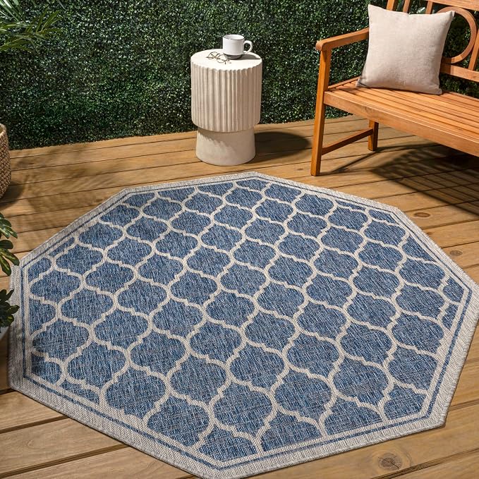 JONATHAN Y Moroccan Trellis Indoor Outdoor Octagon Area Rug 5 Ft Navy/Gray, Trebol Textured Weave for Backyard, Patio, Porch, Easy-Cleaning, High Traffic, Pet-Friendly, Non-Shedding (SMB109D-5TGN)