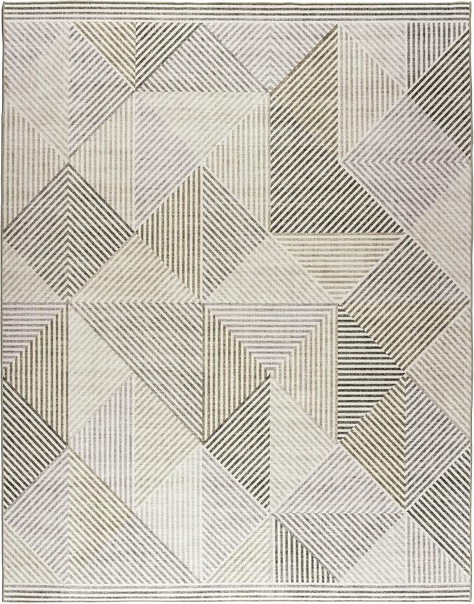 Machine Washable Area Rug Runner - Living Room Bedroom Bathroom Kitchen Entryway Office - Padded Low Pile Stain Resistant Premium - Modern Geometric Contemporary - Miles - Beige 3' x 5'