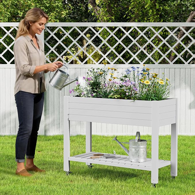 Elevated Raised Garden Bed with Wheels,Planter Box,Ashen-33.7" h | Resin Planter Box with Drainage Holes, Water Monitor, Wheels for Garden Patio Backyard