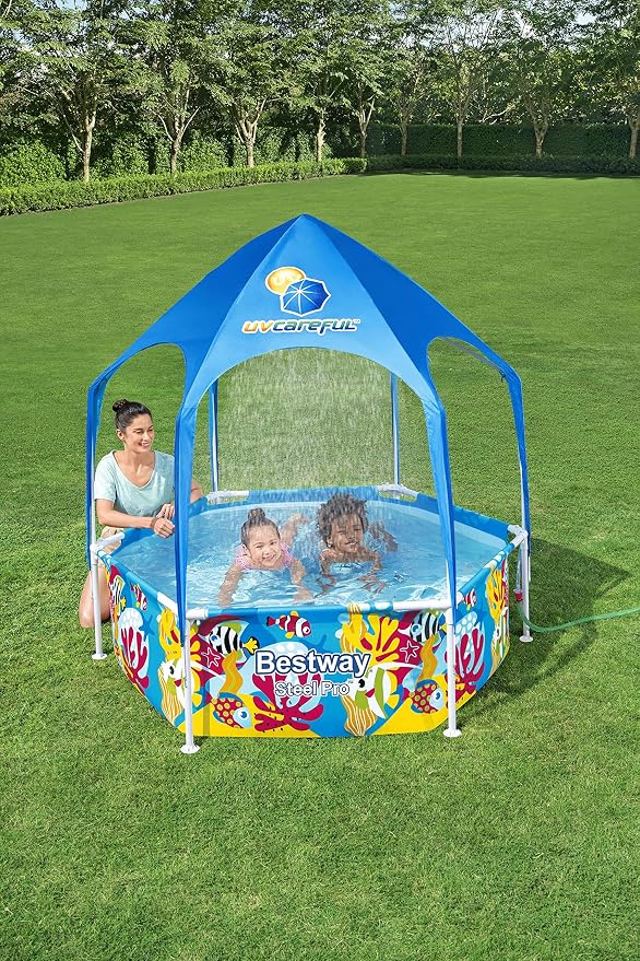 Bestway Steel Pro Frame Pool with Sun Protection Roof Splash-in-Shade Without Pump Diameter 183 x 51 cm Colourful Underwater Design Round