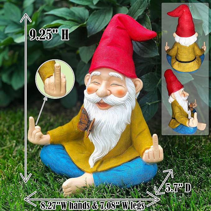 Mood Lab Zen Garden Gnome - Relaxed Yoga Gnome with Middle Finger - 9.25 Inch Tall Outdoor or Indoor Decor