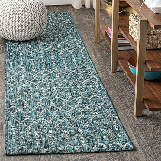 JONATHAN Y Moroccan Geometric Indoor Outdoor Runner Rug 2X10 Teal/Gray, Ourika Textured Weave for Backyard, Patio, Porch, Easy-Cleaning, High Traffic, Pet-Friendly, Non-Shedding (SMB108C-210)