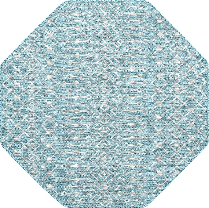 Unique Loom Outdoor Trellis Collection Area Rug - Tribal Trellis (5' 3" Octagon, Aqua/ Ivory)