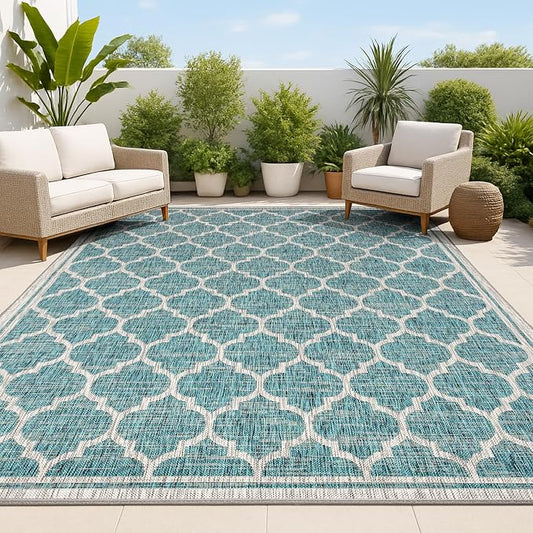 JONATHAN Y Moroccan Trellis Indoor Outdoor Area Rug 4X6 Teal/Gray, Trebol Textured Weave for Backyard, Patio, Porch, Easy-Cleaning, High Traffic, Pet-Friendly, Non-Shedding (SMB109E-4)
