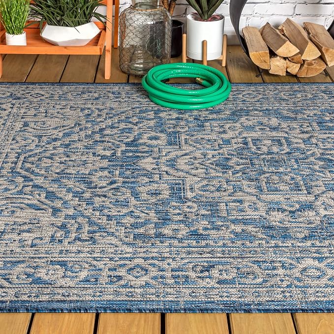 JONATHAN Y Medallion Weave Indoor Outdoor Area Rug 3X5 Navy/Gray, Sinjuri Textured for Backyard, Patio, Porch, Easy-Cleaning, High Traffic, Pet-Friendly, Non-Shedding (SMB101B-3)