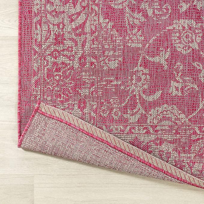 JONATHAN Y Weave Floral Indoor Outdoor Square Area Rug 5X5 Fuchsia/Light Gray, Tela Bohemian Textured for Backyard, Patio, Porch, Easy-Cleaning, High Traffic, Pet-Friendly, Non-Shedding (SMB100G-5SQ)