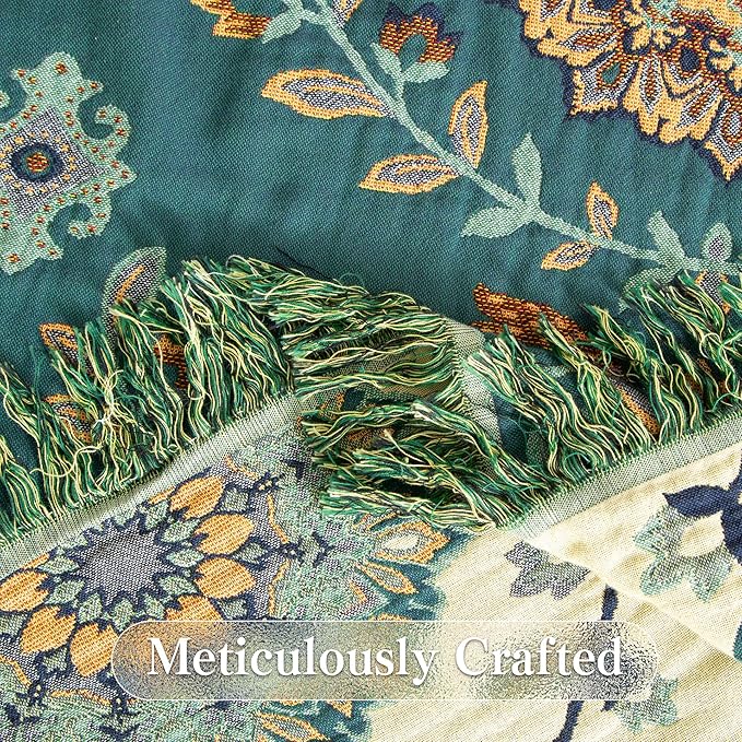 Phuryllic Boho Throw Blanket Twin Size, Soft Cozy Cotton Muslin Quilt Blanket for Bed Decor, Floral Patterned Couch Sofa Chair Cover, Vintage Farmhouse Cottage Tapestry Woven Blanket, Green&Beige