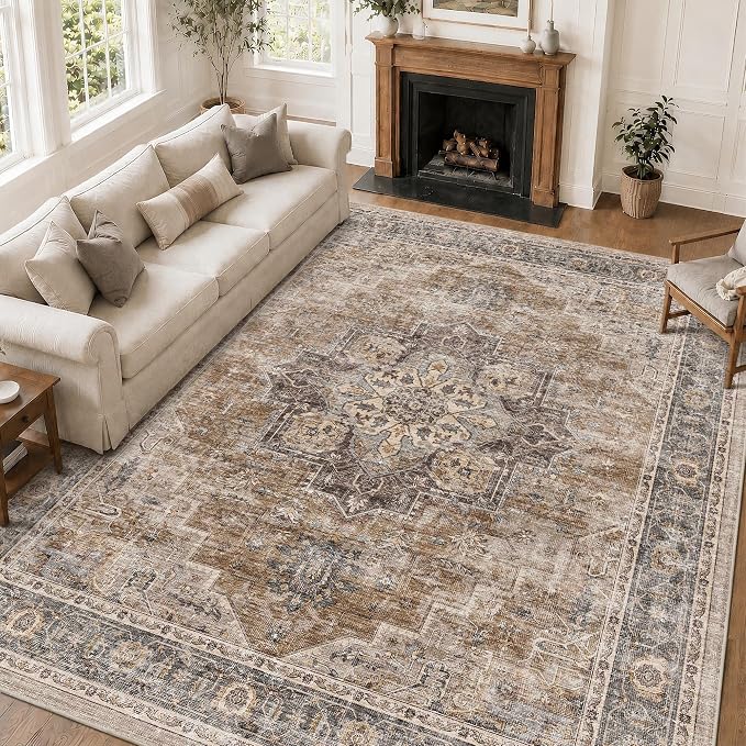 8x10 Area Rug for Living Room Large Washable Vintage Area Rug | Non-Slip, Retro Print, Low Pile, Stain Resistant Carpet, Soft Washable Brown Area Rug, for Bedroom, Dining Room, Home Office
