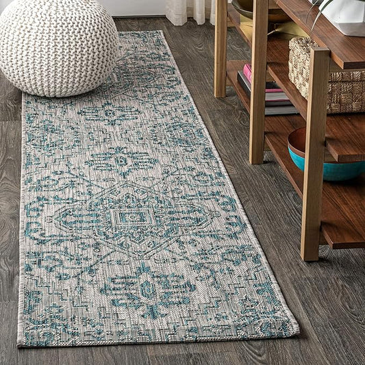 JONATHAN Y Boho Medallion Indoor Outdoor Runner Rug 2X8 Teal/Gray, Estrella Textured Weave for Backyard, Patio, Porch, Easy-Cleaning, High Traffic, Pet-Friendly, Non-Shedding (SMB105C-28)