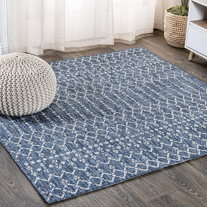 JONATHAN Y Moroccan Geometric Indoor Outdoor Square Area Rug 3X3 Navy/Light Gray, Ourika Textured Weave for Backyard, Patio, Porch, Easy-Cleaning, High Traffic, Pet-Friendly, Non-Shedding SMB108B-3SQ