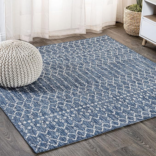 JONATHAN Y Moroccan Geometric Indoor Outdoor Square Area Rug 3X3 Navy/Light Gray, Ourika Textured Weave for Backyard, Patio, Porch, Easy-Cleaning, High Traffic, Pet-Friendly, Non-Shedding SMB108B-3SQ