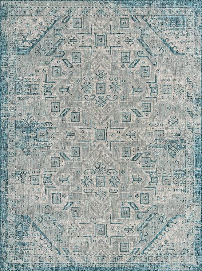 Unique Loom Outdoor Aztec Collection Area Rug - Coba (9'x 12' Rectangle, Teal/ Ivory)