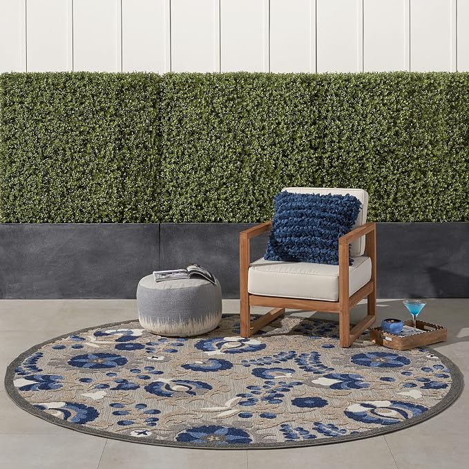 Nourison Home Aloha Natural Blue 7'10" x Round Area Rug - Easy Clean, Non Shedding, Bed Room, Living Room, Dining Room, Kitchen (8' x Round)