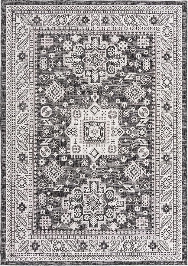 Unique Loom Outdoor Aztec Collection Area Rug - Chalca (7' 1" x 10' Rectangle, Charcoal Gray/ Ivory)