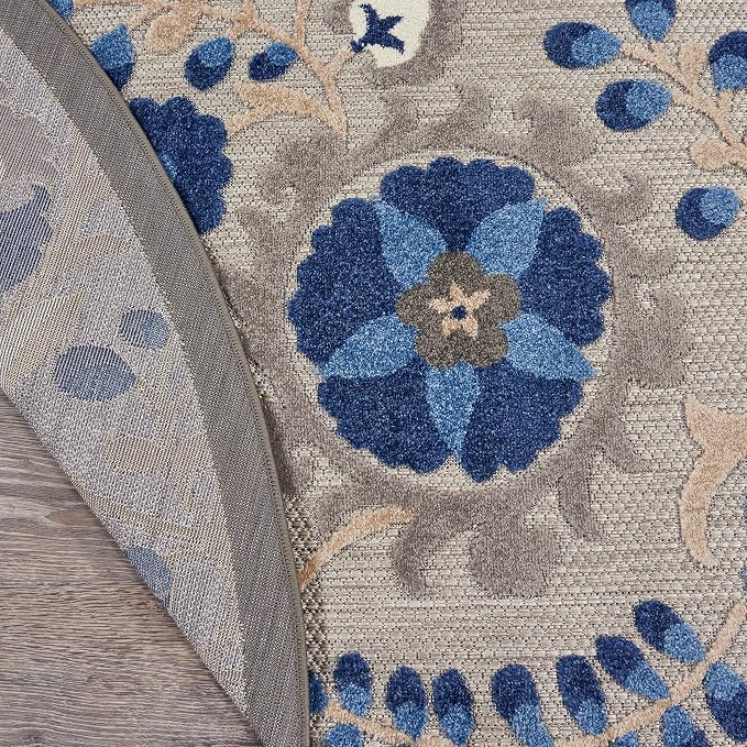Nourison Home Aloha Natural Blue 4' x Round Area Rug - Easy Clean, Non Shedding, Bed Room, Living Room, Dining Room, Kitchen (4' x Round)