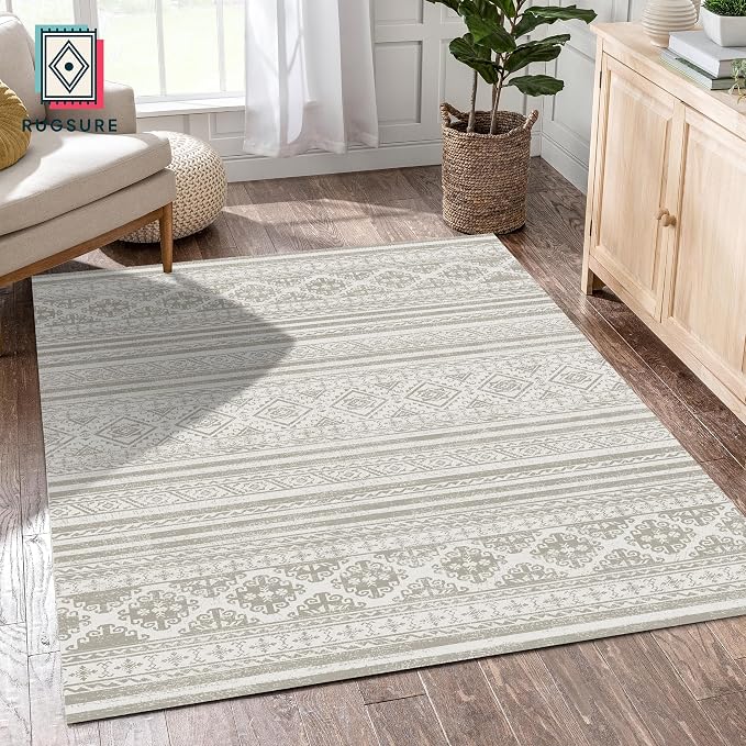 Washable Area Rugs 8' x 10' - 1/6 Thick - Moroccan-Inspired -Stain & Water Resistant Non-Slip - Resistant Rug for Living Room, Bedroom, Nursery, Pet & Child Friendly (Grey)