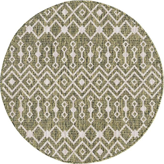 Unique Loom Outdoor Trellis Collection Area Rug - Tribal Trellis (3' 3" Round, Green/ Natural)