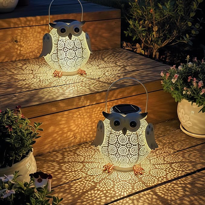 1 Pack Hanging Solar Lanterns - Garden Light Waterproof Metal Decorative Solar Lantern Lights Outdoor for Patio Yard Table Pathway (White owl 1pk)