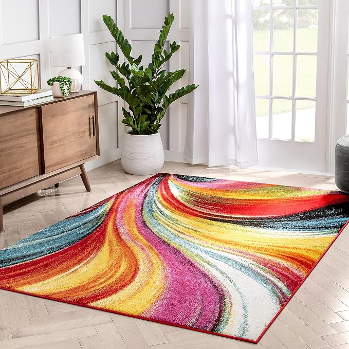 Well Woven Aurora Multi Red Yellow Orange Swirl Lines Modern Geometric Abstract Brush Stroke Area Rug(5'3inx7'3in)Easy Clean Stain Resistant Shed Free Contemporary Painting ArtStripe Thick Soft Plush