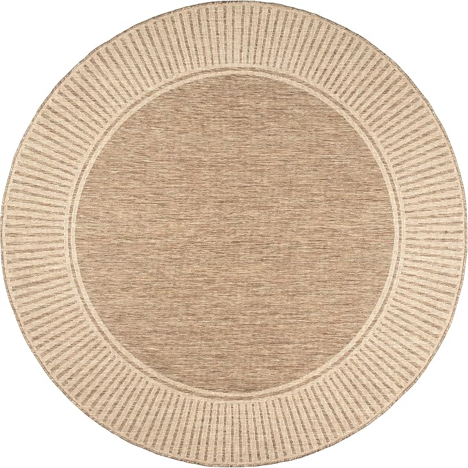 Nuloom Asha Light Brown/Ivory, 6'7" Round, Casual, Striped Border, Soft and Cozy, High Traffic, Easy Clean, Durable Area Rug for Indoor/Outdoor Patio, Deck, Porch, Garden, Courtyard