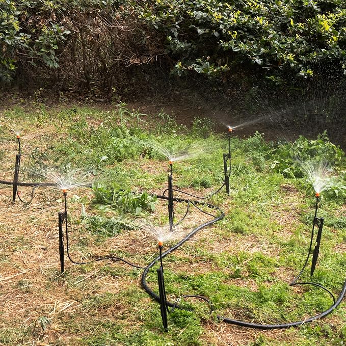 12 Sets 180° Drip Micro Spray Emitters with Sprinkler Stake, Drip Sprinkler Heads with Adjustable Riser 1/4" Irrigation Tubing and Barbed Coupler,Micro Sprinkler Assembly for Garden Irrigation System